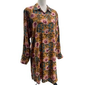 Natural Life Shirt Dress Womens Small Mustard Floral Cottage Country Artsy Boho